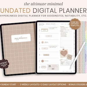 Könnte beinhalten: Ein digitales Planer-App-Mockup auf einem Tablet mit einem braunen Gittermuster und dem Text "my planner". Die App hat ein wöchentliches Layout mit einem Herzsymbol und dem Text "Weekly Plan". Das Tablet befindet sich auf einem weißen Hintergrund mit einem Stift und einem Stapel bunter Registerkarten.