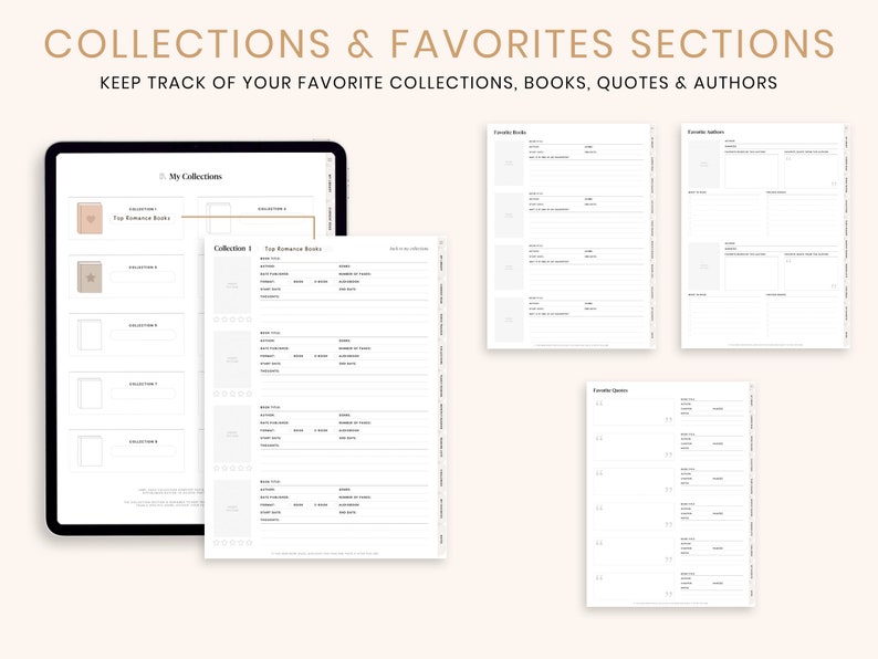 May include: A digital planner interface with the text "COLLECTIONS & FAVORITES SECTIONS" and "KEEP TRACK OF YOUR FAVORITE COLLECTIONS, BOOKS, QUOTES & AUTHORS." The planner displays sections for collections, books, quotes, and authors.