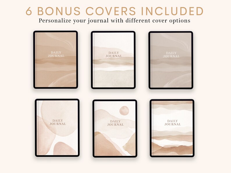 Puede incluir: Seis dise&ntilde;os de portada diferentes para un diario diario. Cada portada presenta un dise&ntilde;o minimalista con formas abstractas y tonos apagados de marr&oacute;n y beige.
