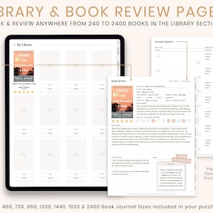 May include: Digital library and book review pages displayed on a tablet and paper. The tablet shows a book cover and a grid for book entries. The paper shows a book review page and a page for favorite quotes. Text includes "Library & Book Review Pages" and "Where the Crawdads Sing."
