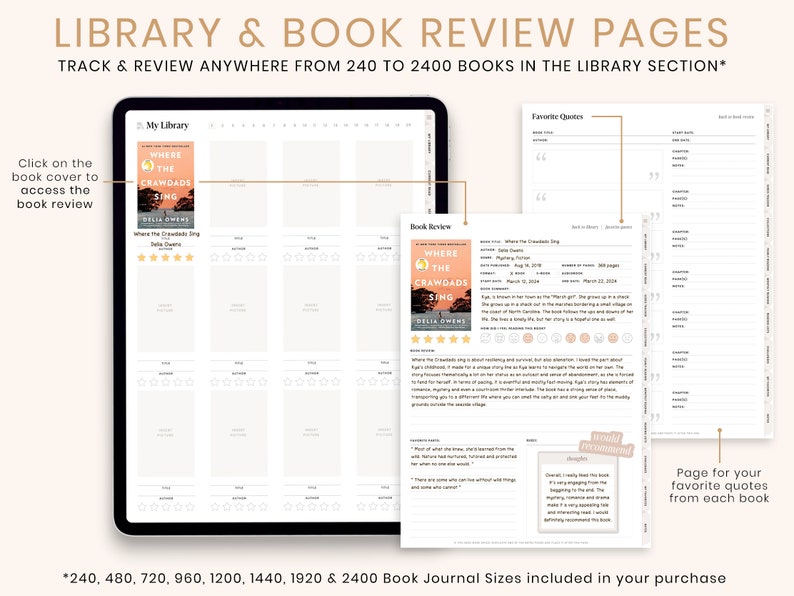 May include: Digital library and book review pages displayed on a tablet and paper. The tablet shows a book cover and a grid for book entries. The paper shows a book review page and a page for favorite quotes. Text includes "Library & Book Review Pages" and "Where the Crawdads Sing."
