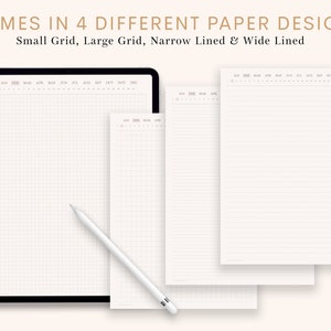 Puede incluir: Cuatro dise&ntilde;os de papel diferentes para una agenda o un cuaderno. Los dise&ntilde;os incluyen una cuadr&iacute;cula peque&ntilde;a, una cuadr&iacute;cula grande, l&iacute;neas estrechas y l&iacute;neas anchas. El papel es blanco y los dise&ntilde;os est&aacute;n impresos en gris claro.