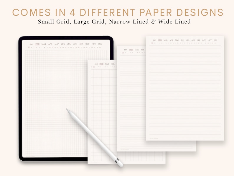 Puede incluir: Cuatro dise&ntilde;os de papel diferentes para una agenda o un cuaderno. Los dise&ntilde;os incluyen una cuadr&iacute;cula peque&ntilde;a, una cuadr&iacute;cula grande, l&iacute;neas estrechas y l&iacute;neas anchas. El papel es blanco y los dise&ntilde;os est&aacute;n impresos en gris claro.