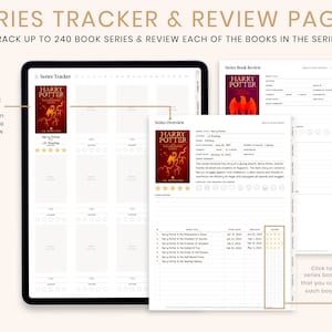 May include: Digital series tracker and review pages with the text "SERIES TRACKER & REVIEW PAGES". The pages include a series overview and book review sections. The "Harry Potter" book series is featured.