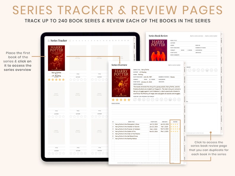 May include: Digital series tracker and review pages with the text "SERIES TRACKER & REVIEW PAGES". The pages include a series overview and book review sections. The "Harry Potter" book series is featured.
