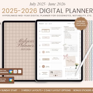 Planner digitale di metà anno 2025-2026, giornaliero, settimanale, mensile, per iPad, GoodNotes, diario digitale