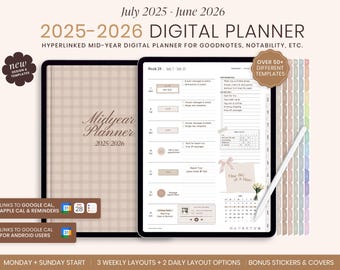 Planner digitale di metà anno 2025-2026, giornaliero, settimanale, mensile, per iPad, GoodNotes, diario digitale
