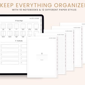 May include: A digital planner app interface with 10 notebooks and 12 different paper styles. The app features a variety of note-taking options, including lined, grid, and blank paper. The app also includes a calendar, to-do list, and other features to help users stay organized.