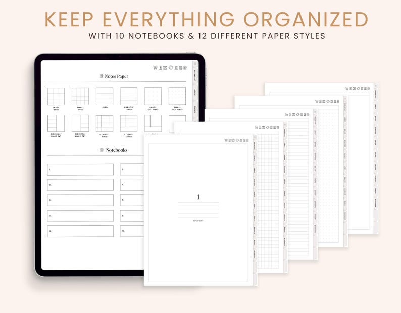 May include: A digital planner app interface with 10 notebooks and 12 different paper styles. The app features a variety of note-taking options, including lined, grid, and blank paper. The app also includes a calendar, to-do list, and other features to help users stay organized.