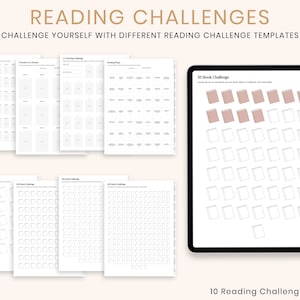 May include: A digital planner with reading challenge templates. The image shows a tablet with a 50-book challenge and several printouts with different reading challenges. The text at the top says "READING CHALLENGES".