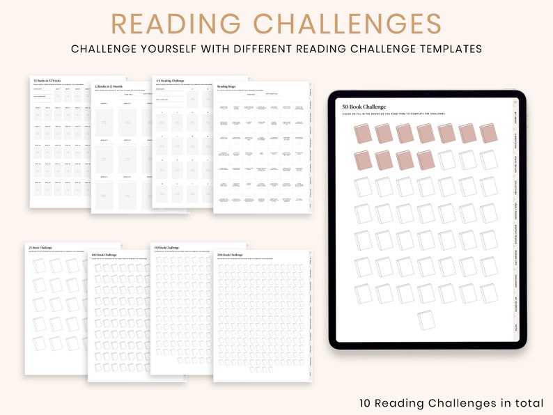 May include: A digital planner with reading challenge templates. The image shows a tablet with a 50-book challenge and several printouts with different reading challenges. The text at the top says "READING CHALLENGES".
