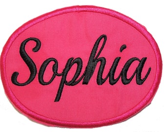 Sew-on Patch | Personalised Name | School Label | Perfect for Library Bag / Tote | Embroidery Patch | Memorial tag | Hot Pink