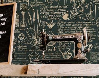 Green And Beige Medicine And Herbal Wallpaper - Retro Style Mural - Peel And Stick Vinyl Wallpaper