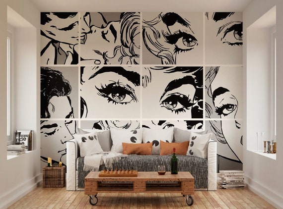 Black White Pop Art Wall Mural Art Deco Self Adhesive wallpaper peel and stick wall art