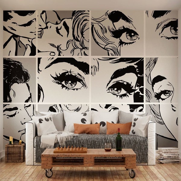 Black & White Pop Art Wall Mural, Art Deco, Self-Adhesive wallpaper, peel-and-stick wall art