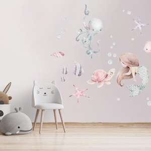 Mermaid Wall Decal, Watercolor Decal Set, nursery, Peel and stick, Nursery wall sticker, Mermaid decoration