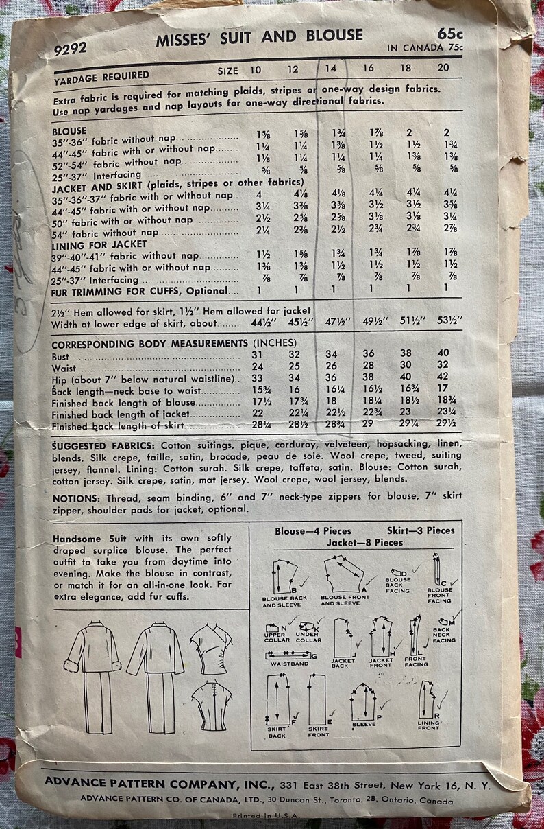 Advance 9292 VINTAGE 60/'s Sewing Pattern by Edith Head Misses/' Suit and Blouse Sz 14 UNCUT