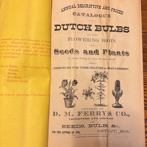 May include: A vintage catalog cover for D.M. Ferry & Co., importers and growers of seeds, bulbs, and other plants. The cover features illustrations of various flowers and the text "Annual Descriptive and Priced Catalogue of Dutch Bulbs and Other Flowering Roots. Seeds and Plants. For Autumn Planting and House Decoration in Winter."