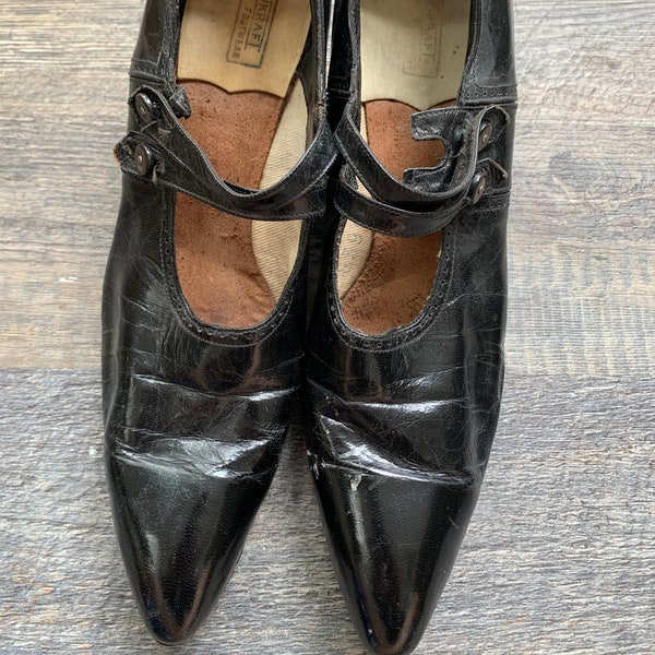 1900's Edwardian Black Leather Mary Jane Heeled Shoes Size 6 - 6 1/2