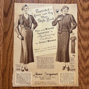 May include: Vintage advertisement from the 1930s featuring illustrations of women's fashion. The ad promotes "Slenderizing Fashions for Stout Women" and includes text about new styles. The ad is printed on aged paper.