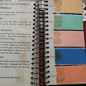 May include: A page from a color selector book showing fabric swatches in various shades of orange, peach, mint, blue, and beige. The text on the page reads "Indian Head Cloth Color Selector" and "Copperglo".