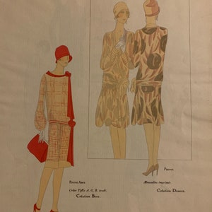 May include: A fashion illustration from a vintage magazine showing three women wearing dresses. The woman on the left is wearing a red and white plaid dress with a red hat and red shoes. The woman in the center is wearing a brown and white dress with a brown hat. The woman on the right is wearing a brown and white dress with a brown hat. The text on the page reads "Petite Amie, Cr&ecirc;pe Tiftis A. G. B. brodi, Cr&eacute;ation Beer." and "Prunus, Mousseline imprim&eacute;e, Cr&eacute;ation Doucet."