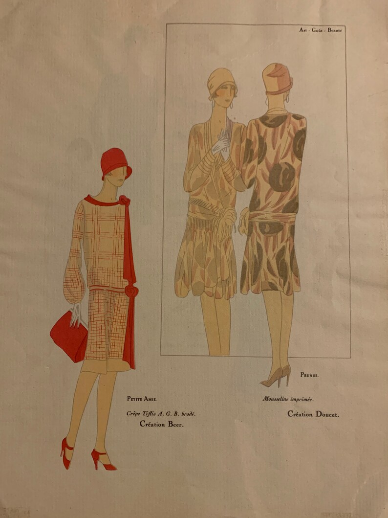 May include: A fashion illustration from a vintage magazine showing three women wearing dresses. The woman on the left is wearing a red and white plaid dress with a red hat and red shoes. The woman in the center is wearing a brown and white dress with a brown hat. The woman on the right is wearing a brown and white dress with a brown hat. The text on the page reads "Petite Amie, Cr&ecirc;pe Tiftis A. G. B. brodi, Cr&eacute;ation Beer." and "Prunus, Mousseline imprim&eacute;e, Cr&eacute;ation Doucet."