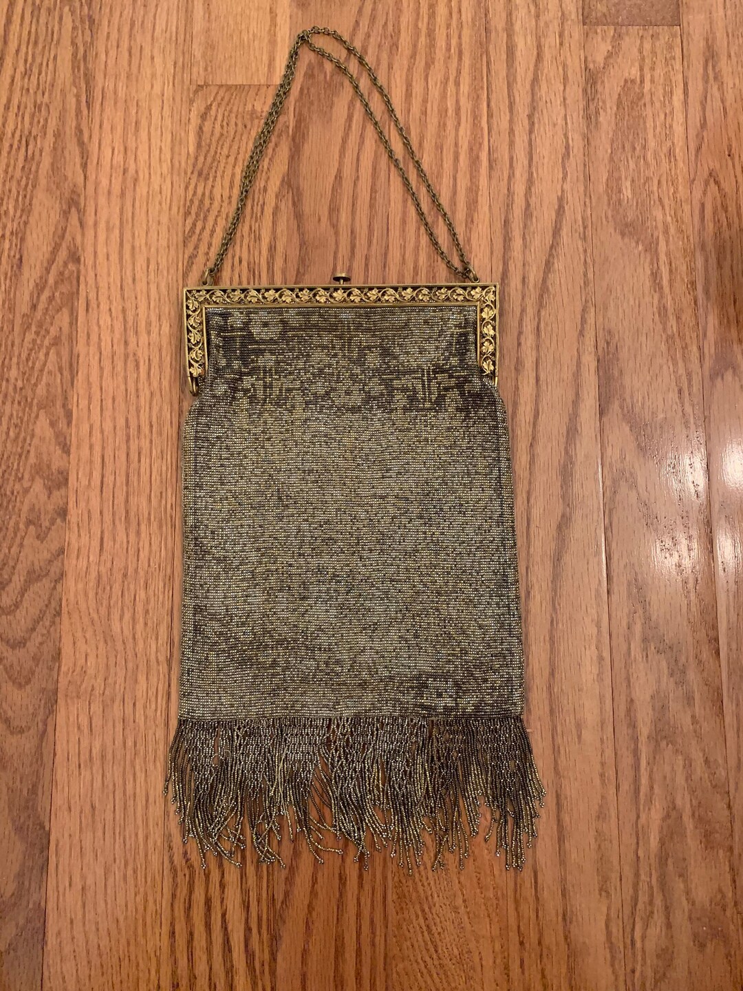 Early 1900's Micro Beaded Fringed Handbag Silver & Gold, Ornate Metal ...