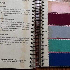 May include: A page from a color selector book showing fabric swatches in shades of pink, burgundy, gray, teal, and blue. The page is titled "Rose" and includes text about using the color for clothing, interior decoration, and luncheon sets.