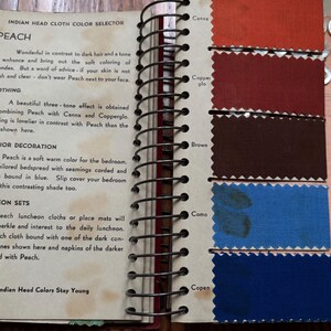 May include: A page from a vintage color guide for Indian Head Cloth. The page features the color Peach and shows how it pairs with other colors, including Canna, Copperglo, Brown, Como, and Copen. The text describes how to use Peach in clothing, interior decoration, and luncheon sets.