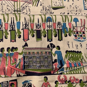3 1/4 Yards, 1950&#39;s Eygptian Inspired Novelty Motif Fabric, People, Barges, Urns, Cattle, outstanding colors!