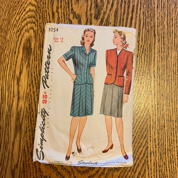 1940's 2pc Suit Pattern, Simplicity #1054 Original Sewing Pattern