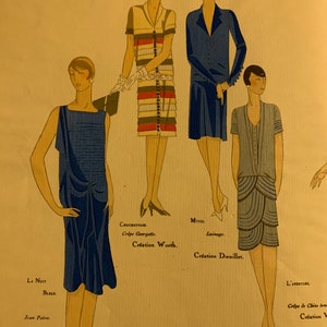 May include: A vintage fashion illustration featuring three women wearing different styles of dresses. The woman on the left is wearing a blue dress with a draped neckline. The woman in the center is wearing a striped dress with a white belt. The woman on the right is wearing a blue dress with a scalloped hem. The illustration is titled "La Nuit Bleue", "Chuchoteuse", "Mitzu", and "L'Aventure".