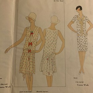May include: A fashion illustration from a vintage magazine featuring three women wearing dresses. The dresses are all different styles and have floral prints. The text on the page reads "Jardin de mon Coeur", "Mousseline imprim&eacute;e. Cr&eacute;ation Bernard & Cie", "Ariane", and "Cr&ecirc;pe imprim&eacute;. Cr&eacute;ation Worth."
