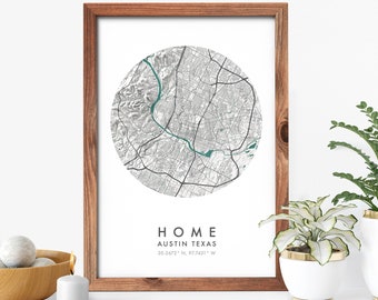 Mapa del póster de Austin Texas / Impresión única de Austin para su hogar