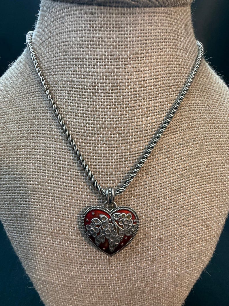 Vintage Brighton Red Enamel Heart Necklace Silver Tone image 1
