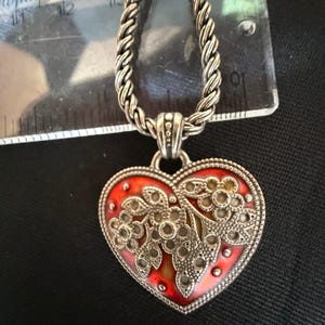 Vintage Brighton Red Enamel Heart Necklace Silver Tone image 3