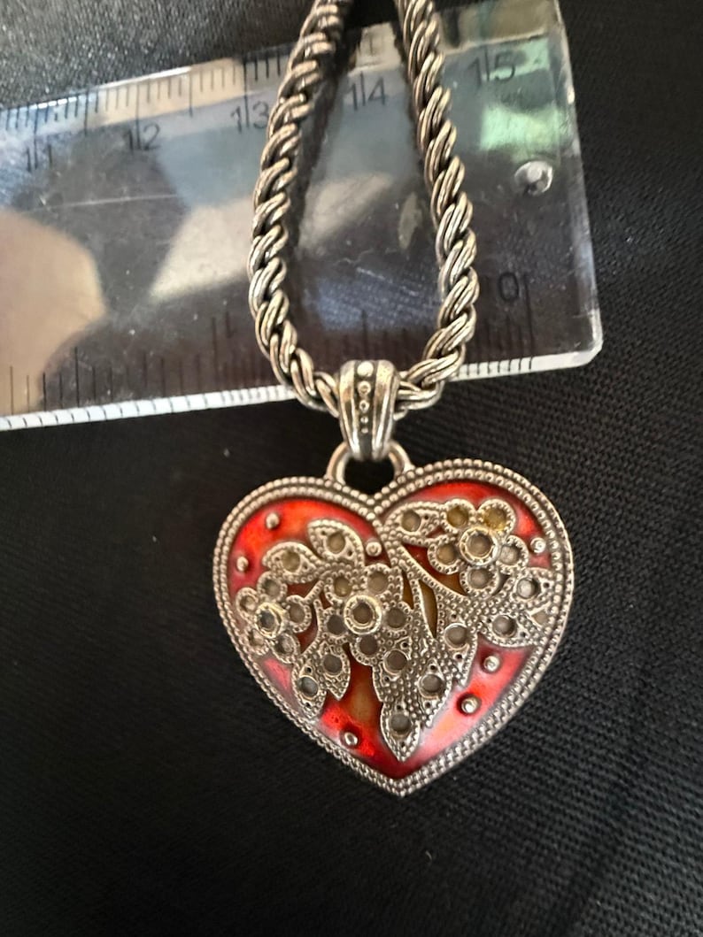 Vintage Brighton Red Enamel Heart Necklace Silver Tone image 3