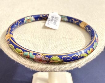 Vintage Blue Cloisonné Hinged Bracelet Enamel Floral Bangle 7.5”