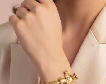 Vintage Gold Tone Cat Link Bracelet Figural Cat Jewelry Sz 7.25”