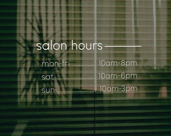 Modern Salon Hours Window Decal – Custom Business Hours Sticker (UV Resistant)