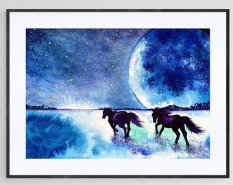 Horses & the Moon, original watercolor painting 17 x 24 cm