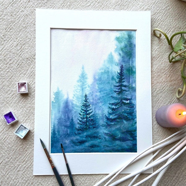 Misty Forest, original hand painted watercolor painting, 17 x 24 cm