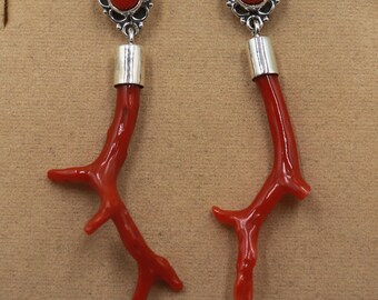 Boucles D'oreilles En Argent 925 - Grappes De Corail Rouge Naturel - Delmaoro - Neuf Avec étiquettes