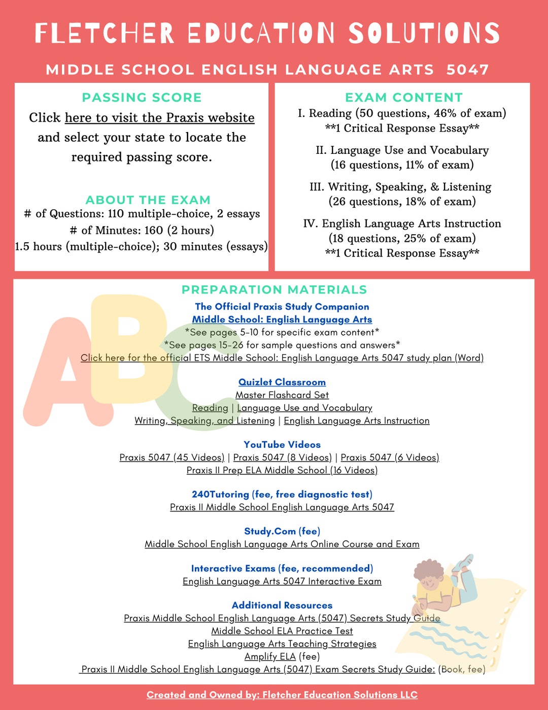 Praxis middle school english language arts 5047 resource etsy