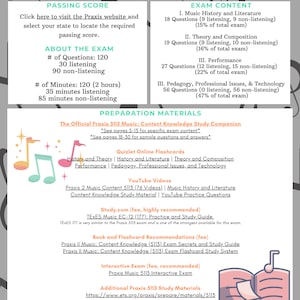 May include: A colorful graphic with musical notes and text that reads "The Test Prep Institute" and "Praxis 5113 Music Education: Content Knowledge". The graphic provides information about the Praxis 5113 exam, including the number of questions, time limits, and content areas. It also lists preparation materials, including online flashcards, YouTube videos, and study guides.