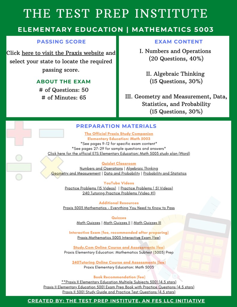 5003 Elementary Education Mathematics | Resource Guide - Etsy