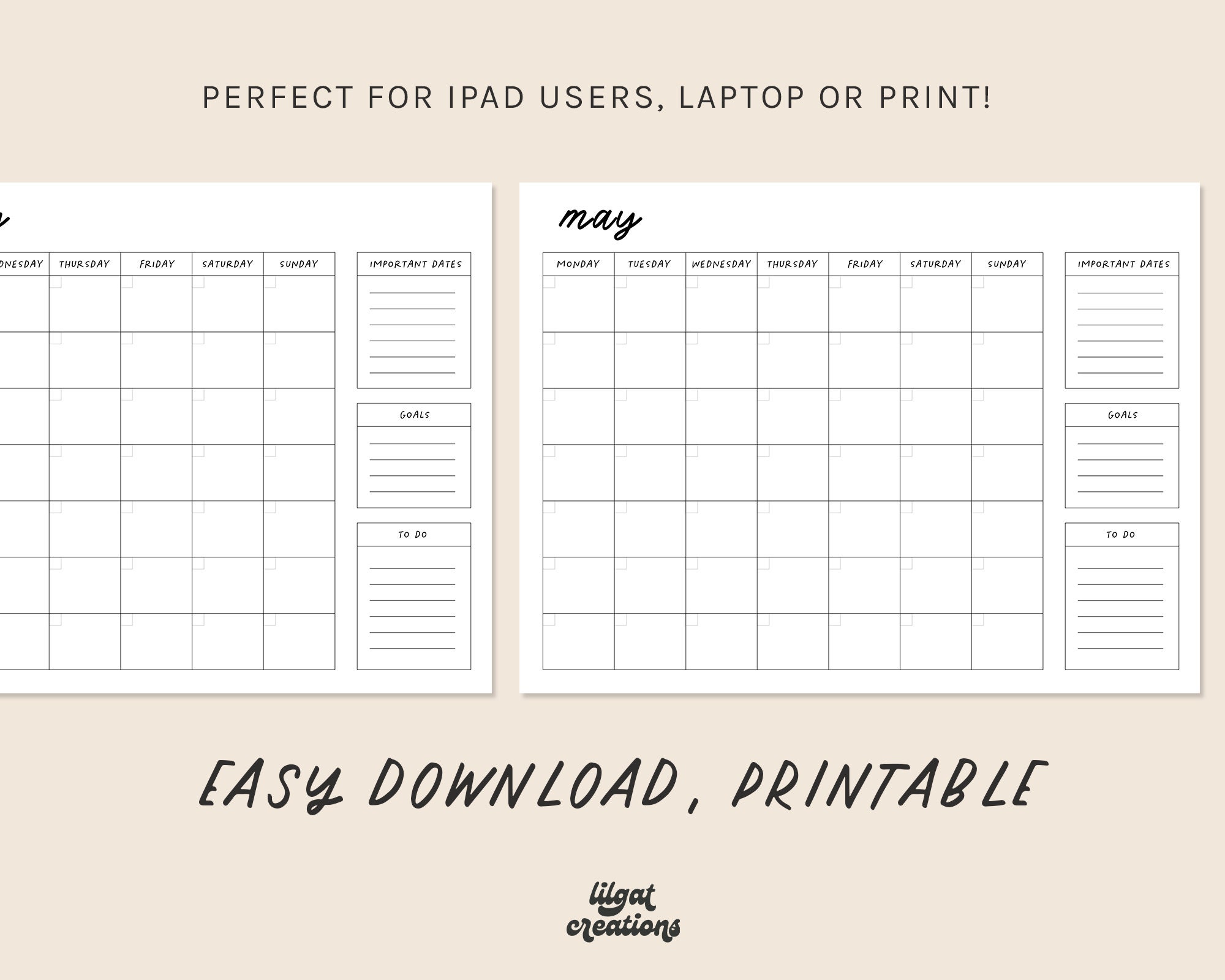 Minimal Monthly Calendar Printable Instant Download Monthly - Etsy