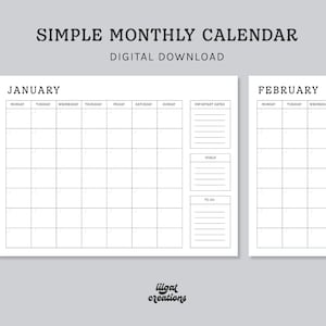 Simple Monthly Calendar Printable, Instant Download, Monthly Planner ...