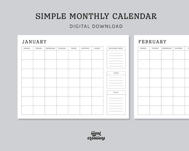 Simple Monthly Calendar Printable, Instant Download, Monthly Planner ...